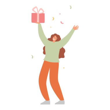 Mutlu kadın bayramı renkli konfeti vektörü düz çizimleriyle kutluyor. Kadın hediye kutusu, pankart, izole edilmiş arkadaşlarıyla eğlenen bayrak. Balonlu ve bayraklı kişi