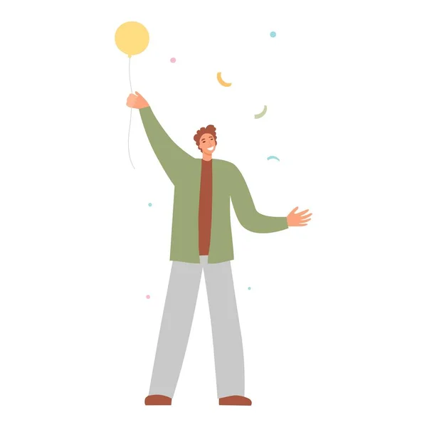 Hombre feliz levantando las manos celebrando la fiesta con colorido vector de confeti ilustración plana. Hombre mantenga globo, caja de regalo que se divierte con amigos aislados. Persona con globos y bandera — Archivo Imágenes Vectoriales