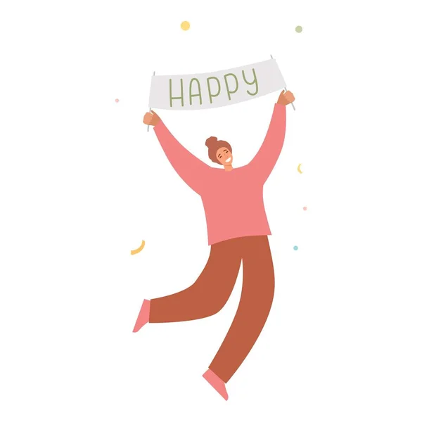 Mujer feliz levantando las manos celebrando la fiesta con colorido vector de confeti ilustración plana. Mujer sostiene caja de regalo, bandera, bandera que se divierte con amigos aislados. Persona con globos y bandera — Vector de stock