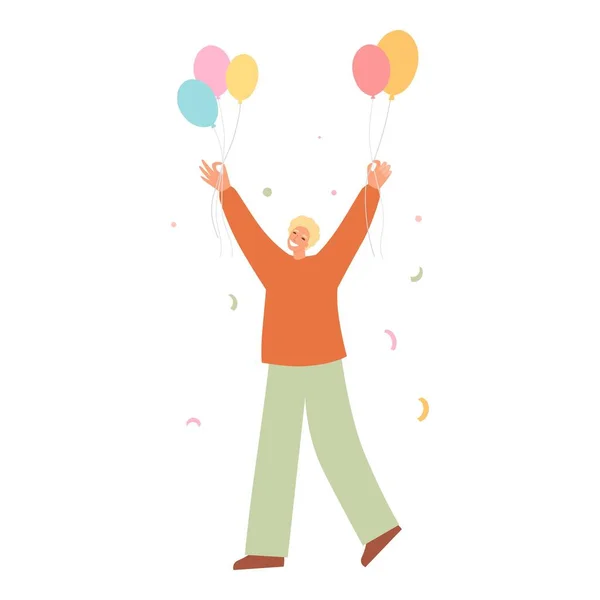 Hombre feliz levantando las manos celebrando la fiesta con colorido vector de confeti ilustración plana. Hombre mantenga globo, caja de regalo que se divierte con amigos aislados. Persona con globos y bandera — Archivo Imágenes Vectoriales