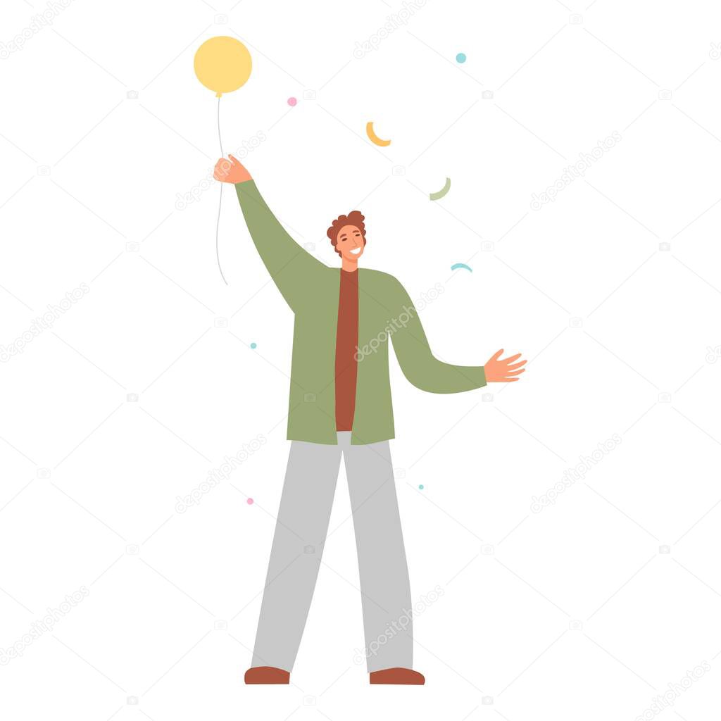 Happy man raising hands celebrating holiday with colorful confetti vector flat illustration. Man hold balloon, gift box having fun with friends isolated. Person with balloons and flag