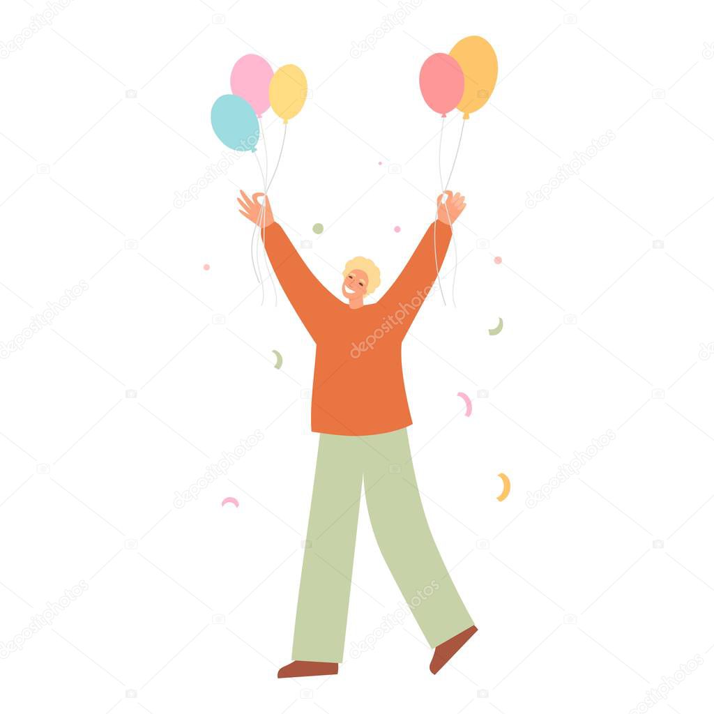 Happy man raising hands celebrating holiday with colorful confetti vector flat illustration. Man hold balloon, gift box having fun with friends isolated. Person with balloons and flag