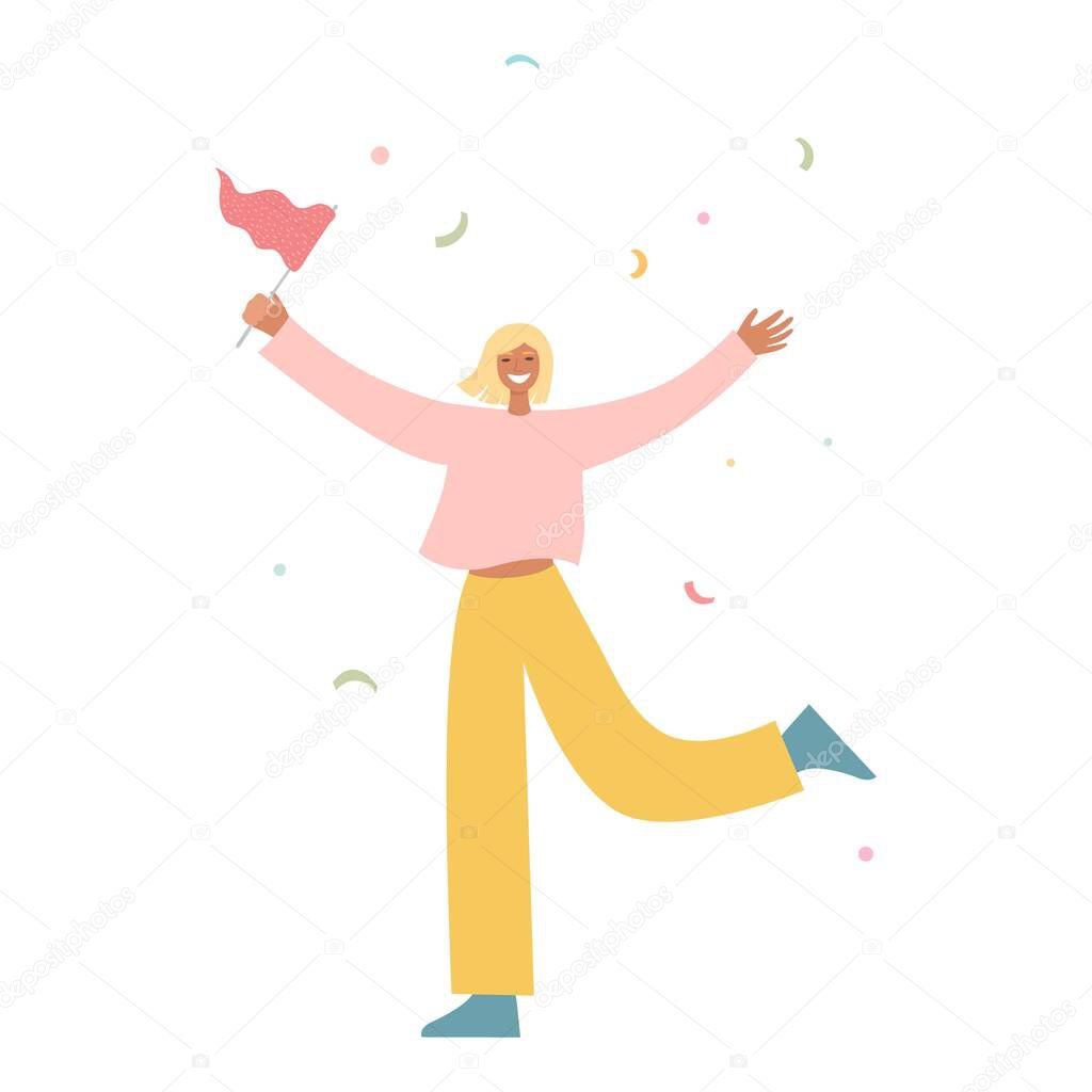 Happy woman raising hands celebrating holiday with colorful confetti vector flat illustration. Woman hold gift box, banner, flag having fun with friends isolated. Person with balloons and flag