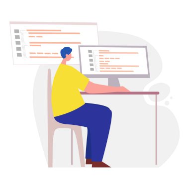 Bilgisayar üzerinde web geliştirme üzerine çalışan bir programcı. php, piton, javascript ve diğer dillerde betik kodlama ve programlama kavramı. Yazılım geliştiricisi. Düz çizgi film çizimi tasarımı