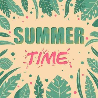 Yaz zamanı avuç içi ve canavar desenli kart bırakır. El çizimi harfler. Tatil tropikal arkaplanı