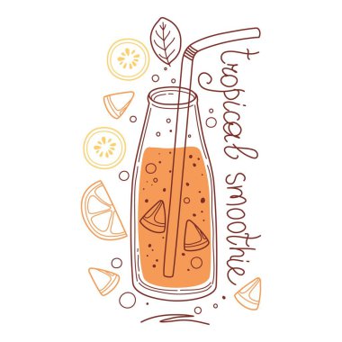 Tropik detoks içeceği, meyve suyu, cam şişede organik limonata, pipetli kavanoz ve sürahi. Yaz içeceklerini tazeliyorum. Beyaz arkaplanda izole edilmiş renkli düz vektör çizimi