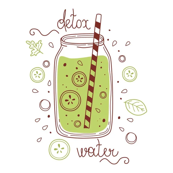 Green water detox drink, fruit smoothie, organic lemonades in glass bottle, jar and jugs with straws. Refreshing summer homemade beverages. Colored flat, drawn vector illustration isolated on white — Stock Vector