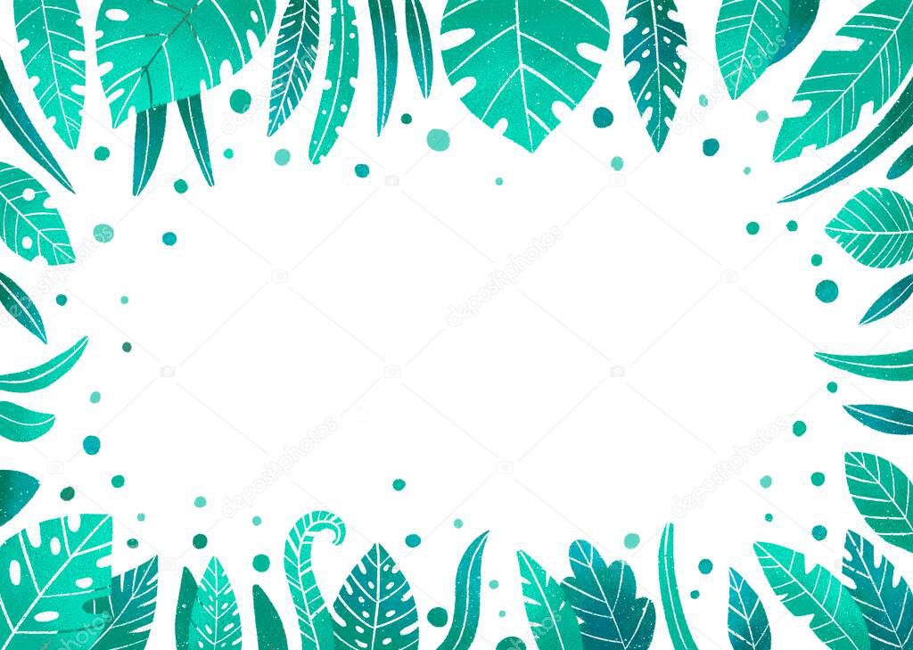 Summer cartoon backgrounds with frames or borders made of green tropical palm leaves or jungle exotic foliage and place for text. Seasonal colorful realistic illustration