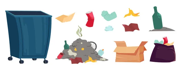 Çöp, çöp ve çöp tenekesi karikatür seti. Eski plastik bardaklar, cam şişeler, buruşmuş karton kutu ve atık dolu torba, beyaz arkaplan vektör illüstrasyonunda geri dönüşüm sembolü olan kap