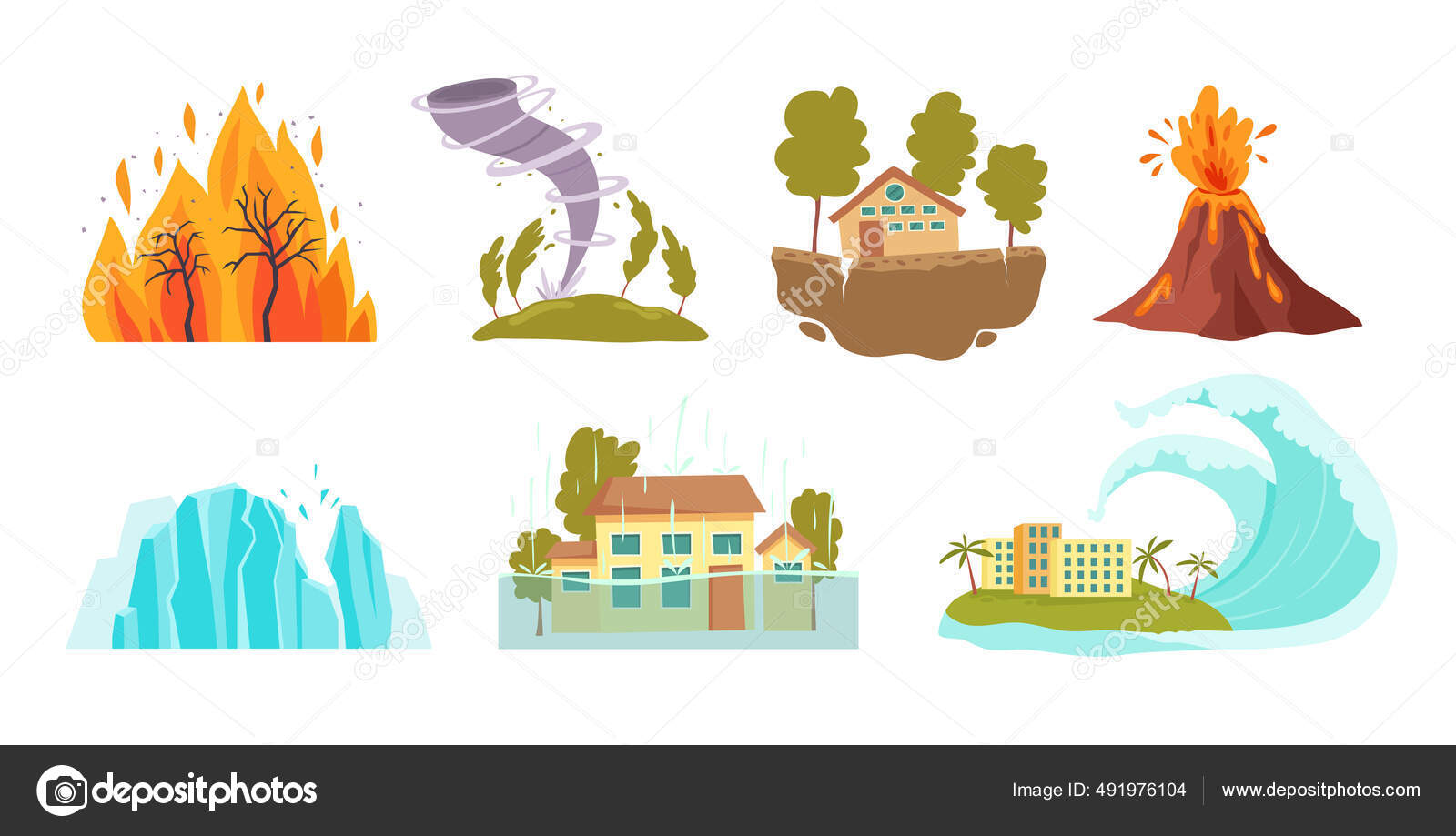 Climat Cataclysms Icons Set Cartoon Vector. Flood Weather Disaster.