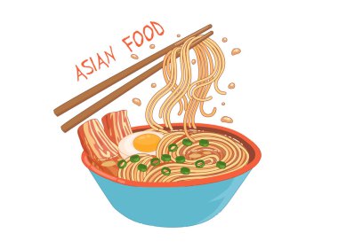 Ramen Asya gıda konsepti düz arka plan, çizgi film vektörü. Çin çorbası.