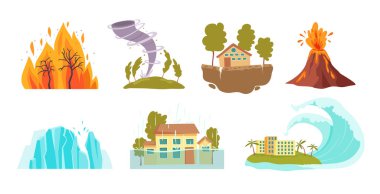 Climat cataclysms icons set cartoon vector. Flood weather disaster clipart