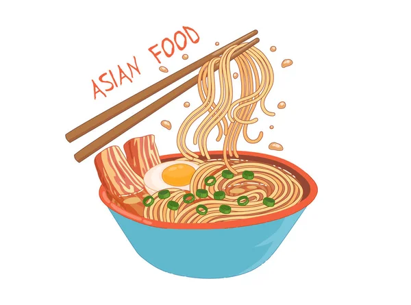 Ramen asiático concepto de comida fondo plano, vector de dibujos animados. Sopa de plato chino — Vector de stock