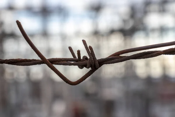 Rusty Barbed Wire Security Fence Electrical Power Transformer Station — Stock Photo, Image