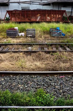 Matao, Sao Paulo, Brezilya, 19 Şubat 2013. Matao City, Sao Paulo Eyaleti, Brezilya 'daki Matao Tren İstasyonu' nun manevra sahasında terk edilmiş lokomotifler ve vagonlar.