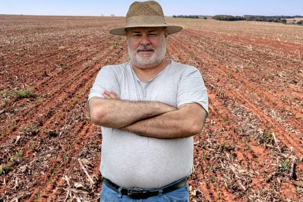 Retrato Agricultor Mediana Edad Con Antecedentes Plantación Soja Brasil — Foto de Stock