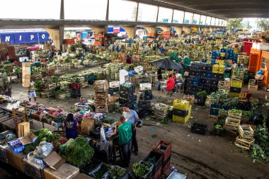 Sao Paulo, Brezilya, Eylül 02, 2014. Sao Paulo 'nun batısındaki Vila Leopoldina mahallesindeki CEAGESP' de (Sao Paulo Genel Depo Şirketi) meyve ticareti için sebze kutularında yeşil bırakır.