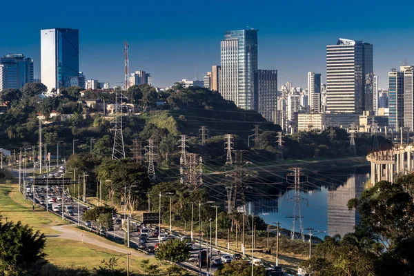 Skyline Ciudad Con Avenida Marginal Río Pinheiros Primer Plano Zona —  Fotos de Stock