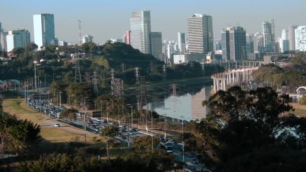 Skyline Ciudad Con Avenida Marginal Río Pinheiros Primer Plano Zona — Vídeos de Stock