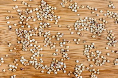 Tahta arka planda beyaz sorghum (Sorghum bicolor) tohumları. Fotoğraf bir stüdyoda çekildi.