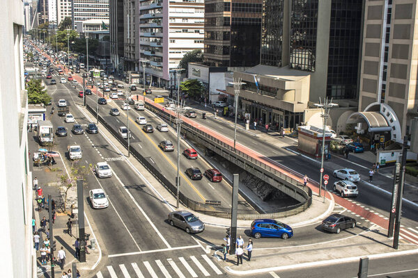 Sao Paulo, Brazil, September 20, 2017. Traffic of Vehicles in Paulista Avenue, central region of Sao Paulo,