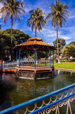 İgarapava, SP, Brezilya, 30 Mart 2015. Sinha Junqueira Meydanı, Igarapava 'da bir gölün üzerinde resim gibi bir çardak. Küçük bir kasabadaki Brezilya kültürünü temsil eden tropikal palmiye ağaçlarıyla sakin bir sahne.