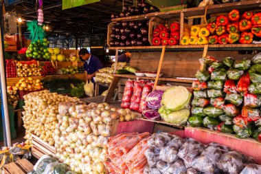 Porto Alegre, RS, Brezilya, Ekim 04, 2013. Porto Alegre şehrinin geleneksel bir kamu pazarı olan Hortomercado Parobe 'deki canlı tezgah taze, renkli meyve ve sebzelerle dolu..