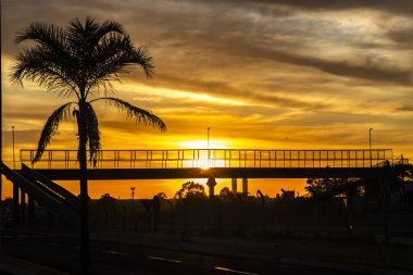 Brezilya 'da, ufukta görünen bir şehrin karanlık hatlarıyla dramatik turuncu ve sarı günbatımı gökyüzüne karşı bir yaya üstgeçidinin silüeti..