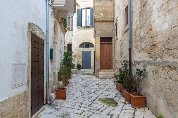 Polignano a Mare, vista a la calle en una pequeña ciudad construida sobre rocas en Bari — Foto de Stock