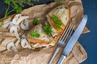 Mantar ve peynirli sandviç, siyah taş tarih seçici odak ile Üstten Görünüm