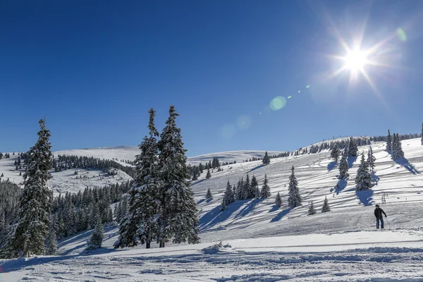 滑雪者在滑雪缆车上可爱的阳光灿烂的日子在喀尔巴阡山脉上 — 图库照片
