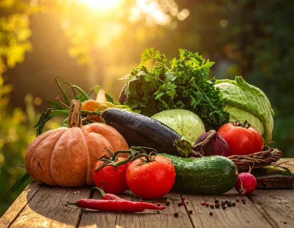 Taze sebze koleksiyonu ahşap bir masada düzenlenir. Ekranda gün ışığı parlıyor, öğleden sonra farklı türde ürünleri vurguluyor.