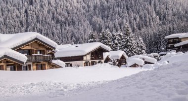 Evler, yüksek ağaçlar ve dağlarla çevrili bir köyde derin karın altında otururlar. Sahne kış mevsimini gösteriyor. Karlı araziyi aydınlatan insanlar yok..
