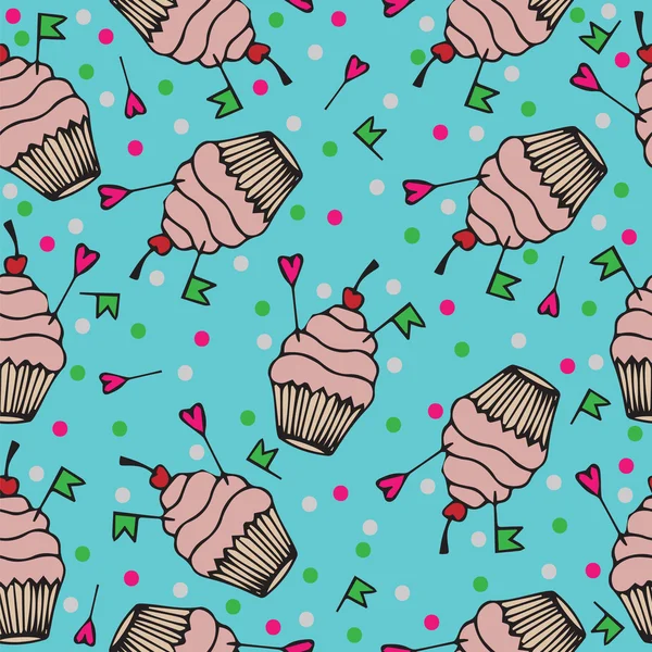 Sin costuras con lindo cupcake de dibujos animados y círculo rosa y verde — Vector de stock