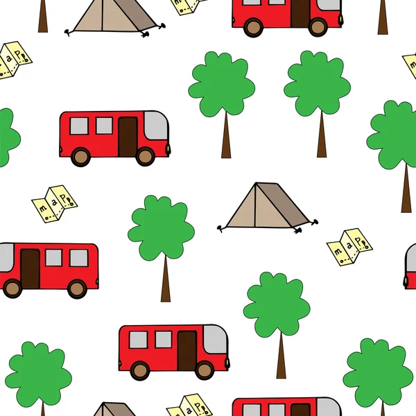 Sans couture avec bus isolé, carte, tente et arbre — Image vectorielle