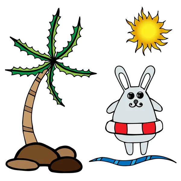 Malý králík na záchranný kruh, palm a slunce — Stockový vektor