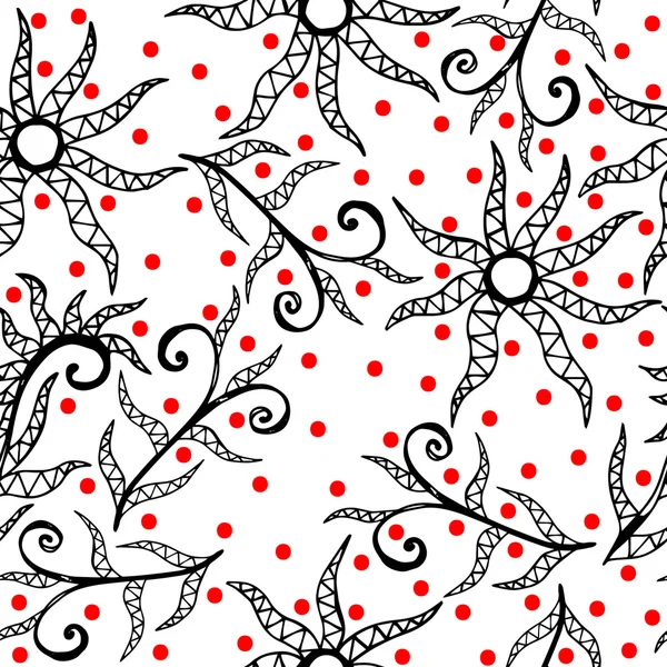 Inconsútil con flor abstracta de línea negra y círculo rojo — Vector de stock