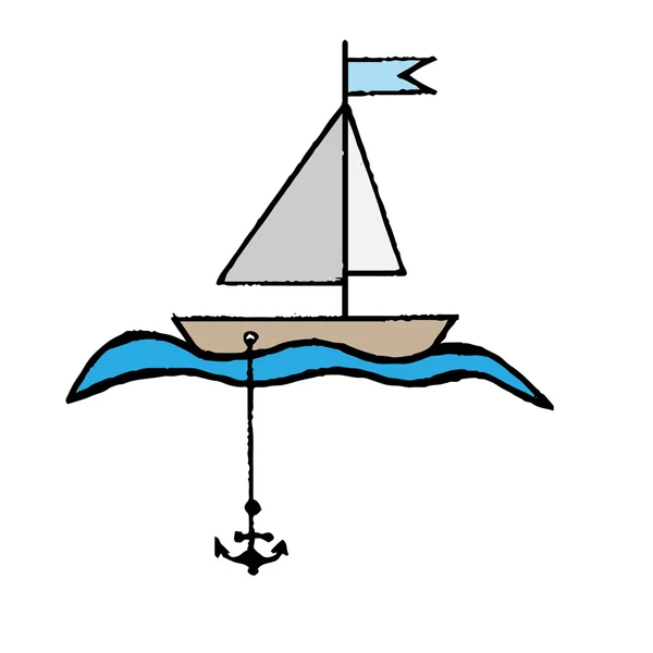 Petit bateau avec drapeau, ancre et vagues — Image vectorielle