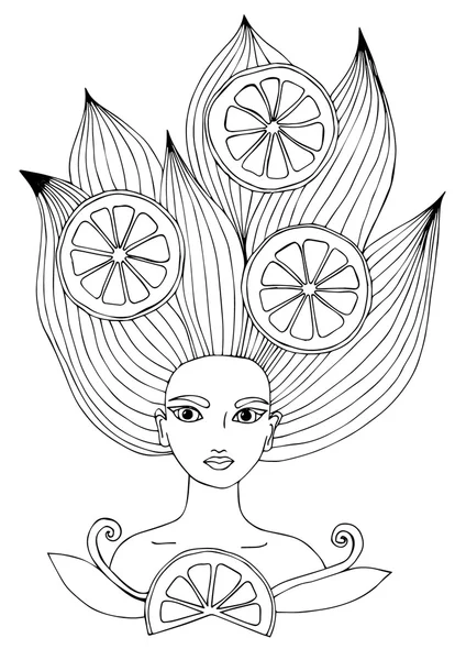Portret van een mooi meisje met lang haar met citrusvruchten — Stockvector