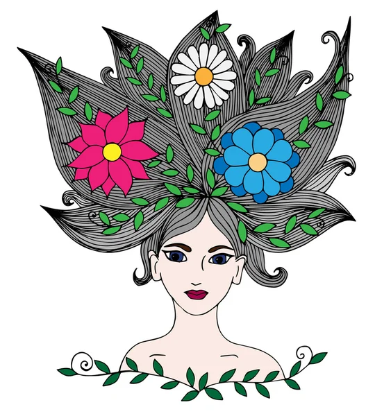 Chica retrato multicolor con pelo largo con flores y hojas — Vector de stock