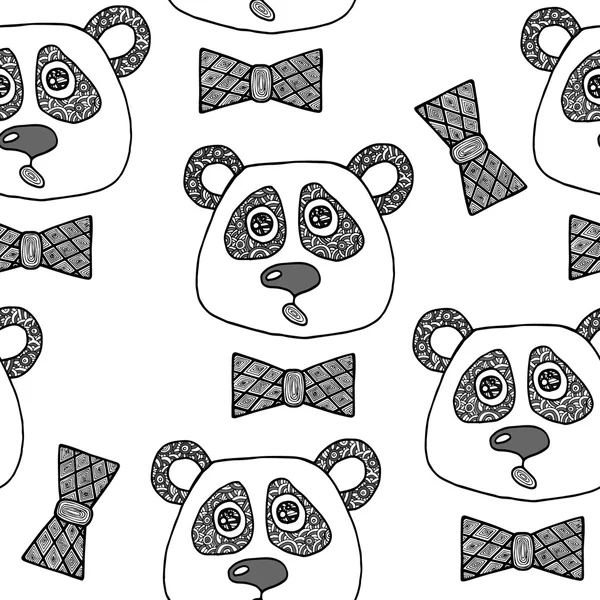 Sem costura com a mão desenhada cabeça linha preta de Panda —  Vetores de Stock