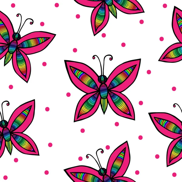 Inconsútil con mariposa multicolor y círculo rosa — Vector de stock