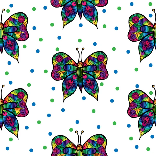Бесшовный с многоцветной бабочкой и голубым, зеленым кругом — стоковый вектор