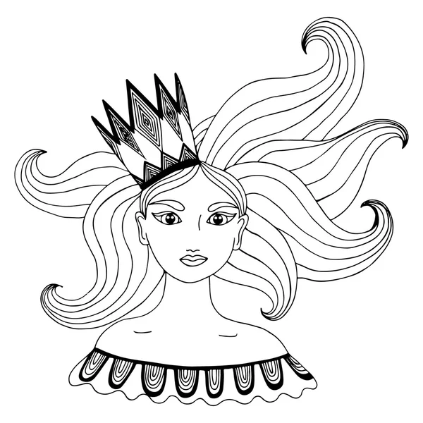 Retrato de niña en una corona con pelos largos — Vector de stock