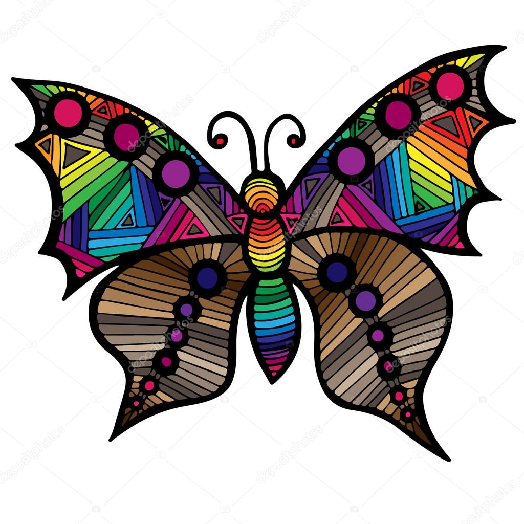 Farfalla multicolore per tatuaggio disegni da colorare per adulti e bambini isolati su sfondo bianco — Vettoriali di ellina200 mail