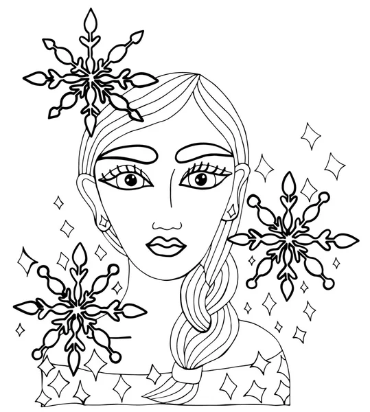 Retrato de hermosa chica con copos de nieve y lentejuelas en la h — Vector de stock