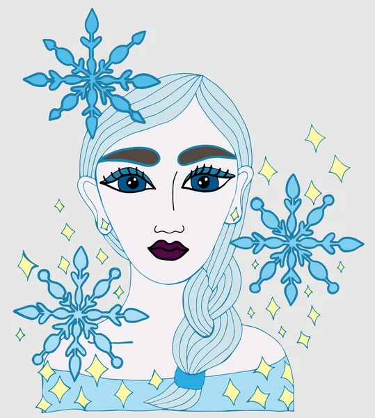 Retrato de niña con copos de nieve y lentejuelas en el cabello — Vector de stock