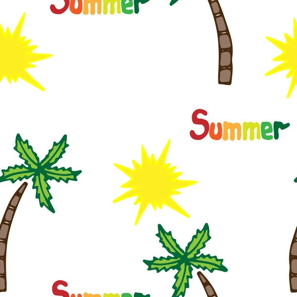 パーム ツリー明るい黄色の太陽と夏のシームレス パターン — ストックベクタ