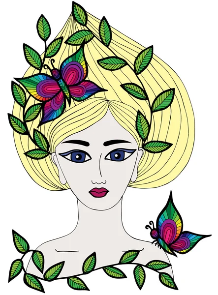 Retrato multicolor de una hermosa chica con mariposa y salir — Vector de stock