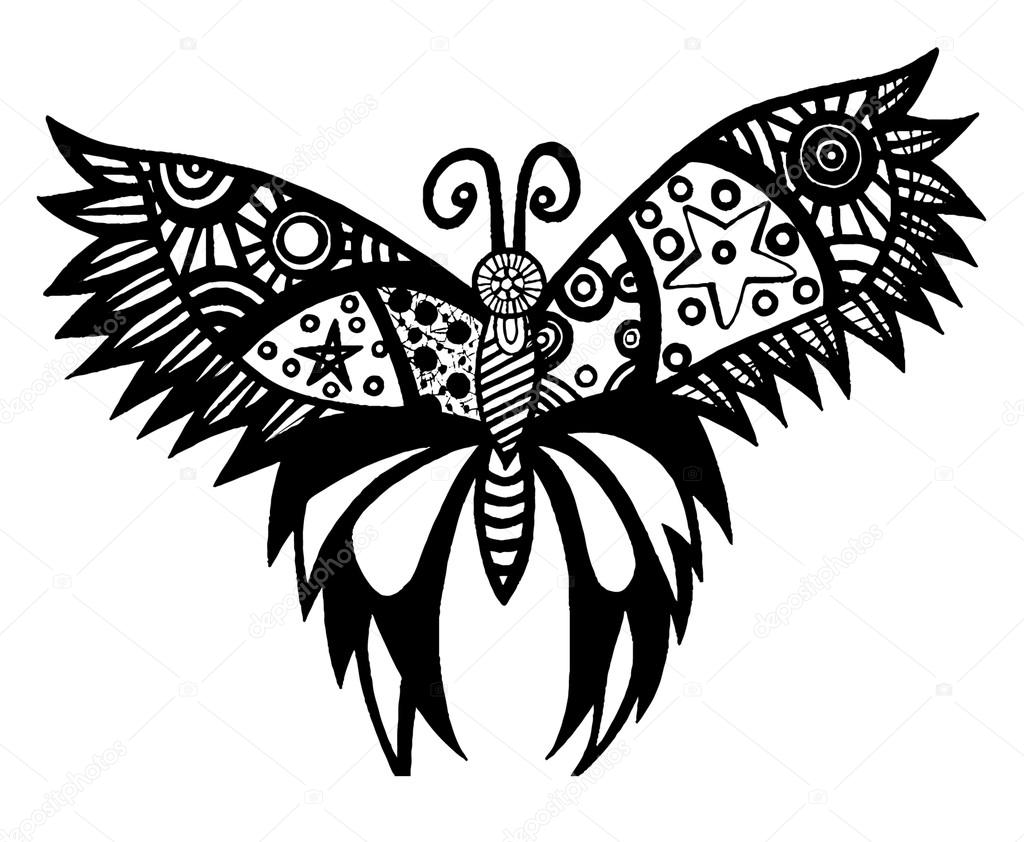 Farfalla di linea nera per tatuaggio disegni da colorare per adulti e bambini isolati su sfondo bianco — Vettoriali di ellina200 mail